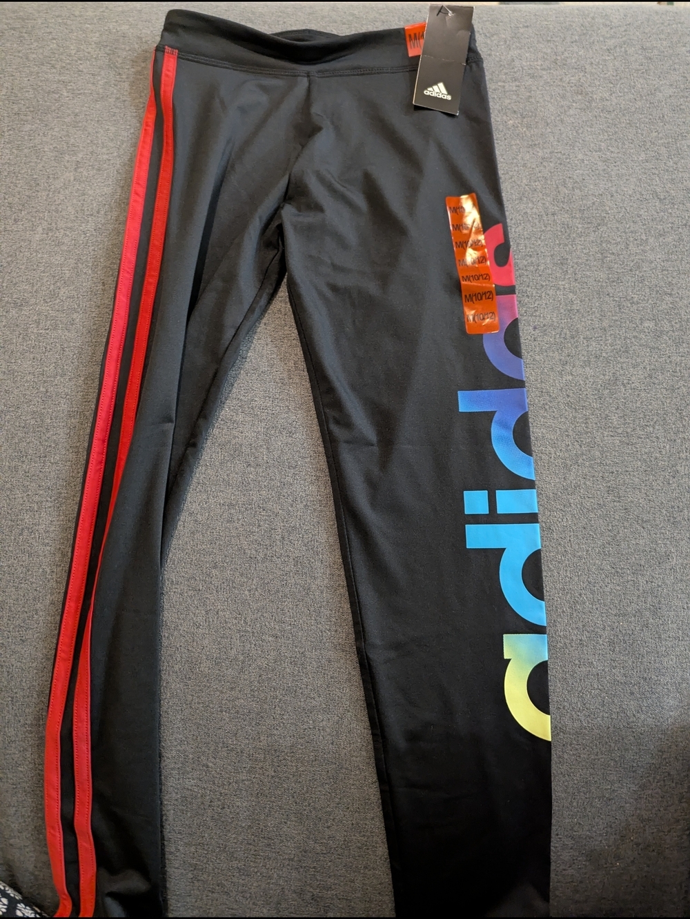adidas Black Leggings with Red Side Stripes and Rainbow Logo